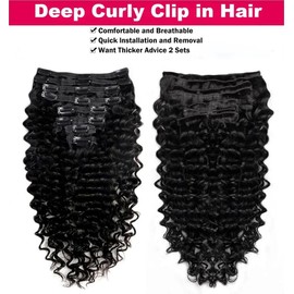 Unipearl Deep Curly Clip-In Real Hair Extensions, 55 cm, 8 Pieces, 120 g, Natural Black Hair Extensions for Women, Water Wave Remy Real Hair Extensions Clip