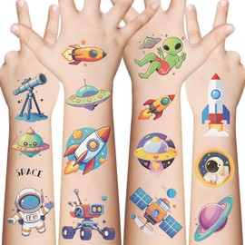 10 Sheets Space Temporary Tattoos Birthday Themed Party Supplies Decoration Favors Cartoon Cute Sticker for Kids Boys Home Activity Class Prizes Carnival Christmas Rewards