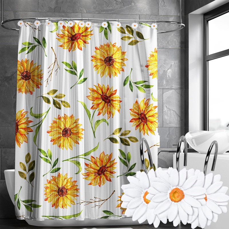 Whaline 12Pcs Spring Shower Curtain Hooks White Daisy Flower Curtain