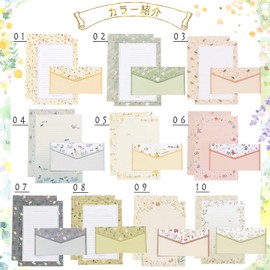 moin moin Letter Set, 10 Types (6 Assorted Stationery + 3 Envelopes = 60 Stationery + 30 Envelopes) Assorted, Set/Line, Pattern, Animal, Colorful, Bird, Butterfly, Pink, Gray, Flower, Flower 2106ltrs12