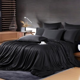 Boqingzhu Bamboo Bed Linen 135 x 200 cm Black Plain Single Bed Luxury Lyocell Silk Bed Linen Set Duvet Cover with Zip and Pillowcase 80 x 80 cm