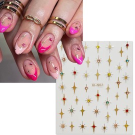 6 Sheets Shiny Star Nail Stickers for Nail Art 3D Glitter Gold Silver Star Luxury Rhinestones Nail Design Stickers Black White Starlight Nail Decals Star Stickers Nail Supplies for DIY French Manicure