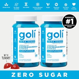 2 Bottles of Goli Zero Sugar Ashwagandha & L-Theanine, Vitamin D & Maca Gummies - KSM-66, Keto-Friendly, No Artificial Sweeteners, No Sugar Alcohols, Vegan, Plant Based, Non-GMO, Gluten-Free & Gelatin Free.