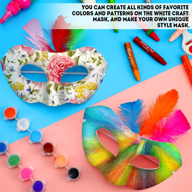 Leyndo 24 Pack Paper Mache Art Masks with 500 Feathers,