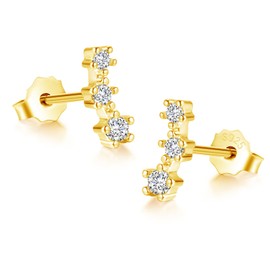 Loutade Gold Stud Earrings for Women, 925 Sterling Silver Climber Stud Earrings with 3 Clear Cubic Zirconia CZ Stone, Hypoallergenic Small Dainty Cute Cartilage Sleeper Ear Studs Jewelry Gifts