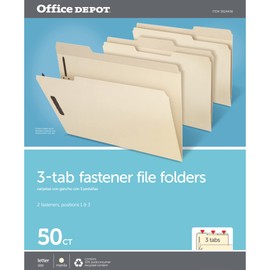 Office Depot Reinforced Manila Folder with Embossed Fasteners, 1/3 Cut Tabs, Letter Size, Box of 50, ESSFM213