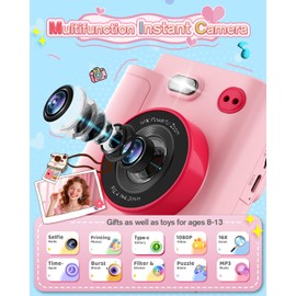 MYSTILUCK Instant Camera Children, 1080P HD Children's Camera Instant Camera with 32GB Card & Printer Paper, Children's Toy Birthday and Christmas Gifts for Boys / Girls 3-12 Years (Pink)
