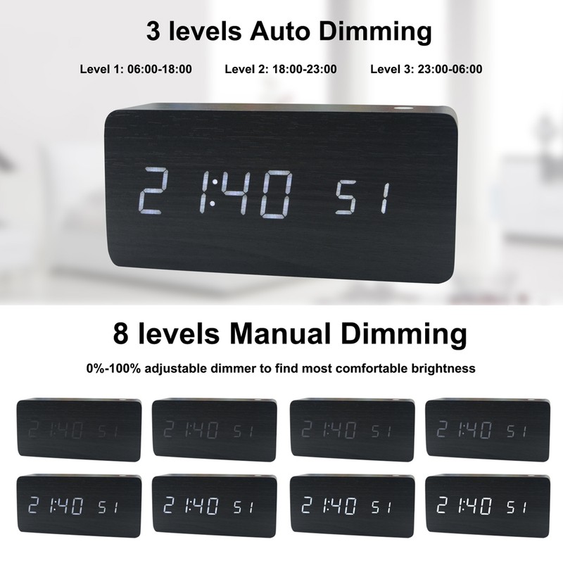 Wooden Digital Alarm Clock 8 Levels Adjustable Brightness Digital Clock