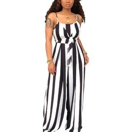 SxClub Women's Casual Wide Leg Jumpsuits Sexy Spaghetti Strap Striped Loose Comfy Long Pants Rompers Sleeveless Backless Cut Out Tie Front