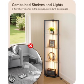 EDISHINE Modern Floor Lamp with Shelf, 5 Color Temperatures, 5-Tier Book Shelf with Light & Remote, Sturdy Floor Lamp for Living Room, Bedroom, Black