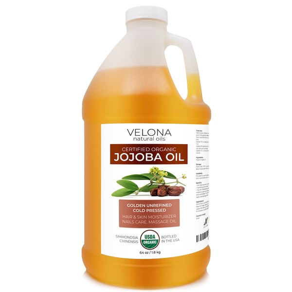 velona Jojoba Oil USDA Certified Organic - 64 oz | 100% Pure and Natural Carrier Oil| Golden, Unrefined, Cold Pressed, Hexane Free | Moisturizing Face, Hair, Body, Skin Care, Stretch Marks, Cuticles