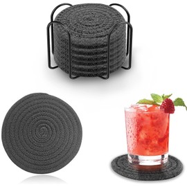 Dark Gray Drink Coasters Set of 6 with Holder Absorbent Handmade Braided Coasters, Scratch Resistance Decorative Drink Mats Coasters Braided Rope Cup Coasters