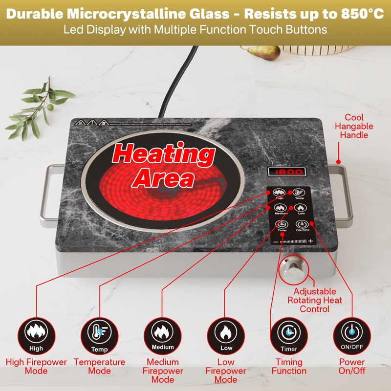 Alemania Single Burner Ceramic Cooktop, Portable 1800W Electric Stove, Countertop
