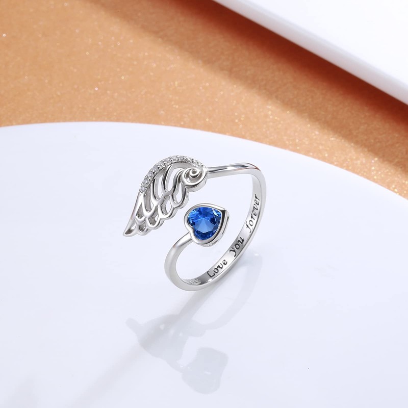 Birthstone Wing Rings Sterling Silver Adjustable Feather Heart Month Stone