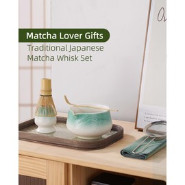 ZENS Matcha Whisk Set, Ceramic Matcha Set Includes Matcha Bowl, Matcha Whisk and Holder, Bamboo Scoop, Stainless Sifter & Tea Towel - 6Pcs Matcha Kit for Matcha Ceremony, Blue