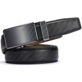 Marino Men’s Genuine Leather Ratchet Dress Belt With Automatic Buckle, Enclosed in an Elegant Gift Box - Select Striped - Deep Charcoal - Adjustable from 48" to 64" Waist