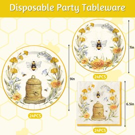 Whaline Bee Tableware Party Decorations Summer Bee Flower Disposable Dinnerware Set for Wedding Birthday Baby Shower Holiday Party Supplies Table Decor, Serve 24