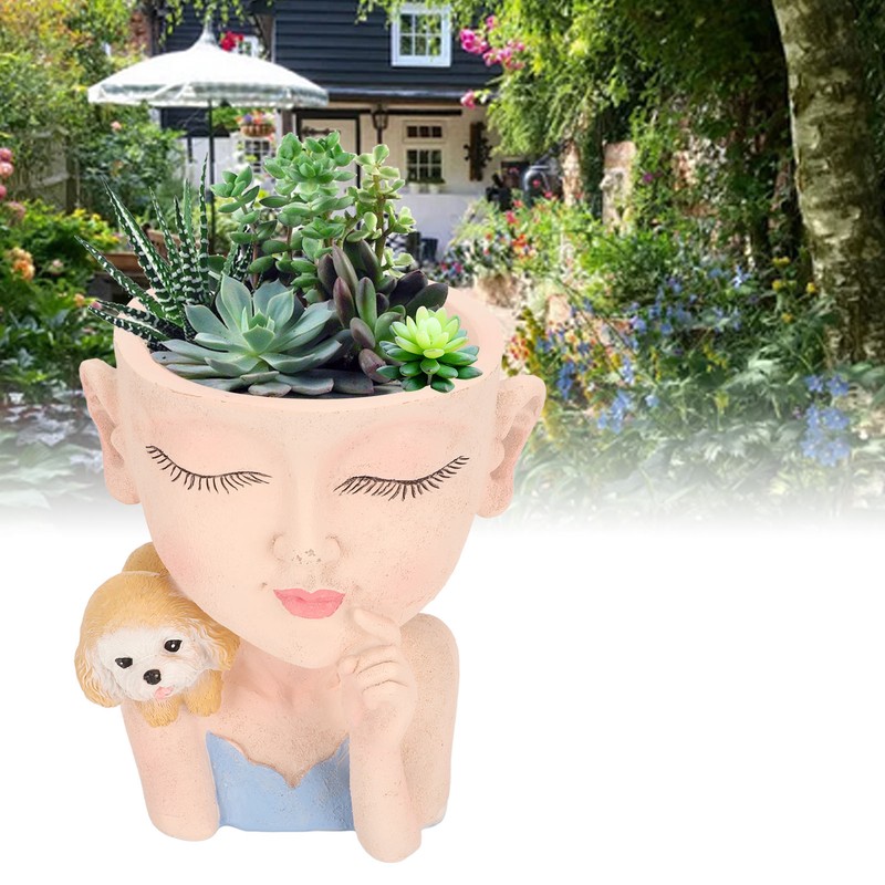 Flower Pot Girl and Dog Cute Style Bottom Drainage Hole