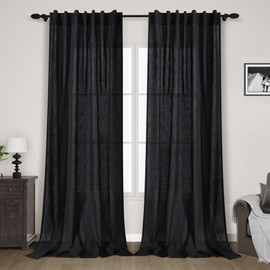 Nanspring Extra Long Black Curtain 102 inches Long 2 Panels Set for Living Room Back Tab Modern Farmhouse Muslin Look Decor Cotton Textured Sheer Linen Curtains 102 inch Length for Large Window