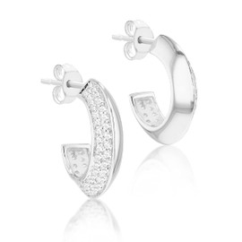 Tuscany Silver Women's Sterling Silver Rhodium Plated Half Hoop With White CZs Stud Earrings