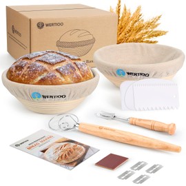 Banneton Bread Proofing Basket Set of 2, 9 Inch Round Sourdough Proofing Basket, Sourdough Starter Kit, Sourdough Bread Baking Supplies with Dough Scraper, Danish Dough Whisk, Bread Lame, Bowl Scraper