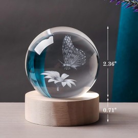 QIANRUNA 3D Butterfly 60mm Crystal Ball Butterfly Night Light Lamp Gifts for Women Wife Girlfriend Mom Couple Her Butterfly Figurine for Nature Butterfly Lovers