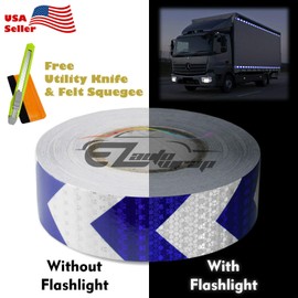 Free Tool Kit 2"x120ft Arrow Blue White Night Reflective DOT-C2 Safety Tape Warning Caution Adhesive Conspicuity Checker Marking Decal Sticker Roll Film Truck RV Trailer Boat ATV Construction Outdoor