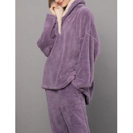 Fenclushy Women's Fluffy Loungewear Sleepwear Lounge Casual Pajamas Sets Loose Long Sleeve Fleece Pullover and Pants Set(01Purple,S)