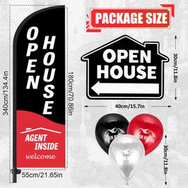 Real Estate Agent Supplies, Open House Signs for Real Estate, 1 Pack Open House Flag with Pole Kit, 5 Pack Double Sided Open House Sign with Metal Stakes and 12 Metallic Balloons and Ribbons (Black)