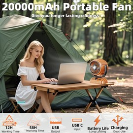 KITCHSTAR Portable Fan Rechargeable, 20000mAh Battery Powered with LED Lantern, USB C Camping Tent Fan with 3 Brightness & Hook for Travel Bedroom Home Office Beach Desk Fishing Table