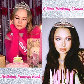 CURASA Birthday Sash and Crown Birthday Princess Crown Hot Pink Birthday Sash for Women Silver Birthday Crown Adult Women Happy Birthday Crowns for Women Pink Tiara Happy Birthday Decoration