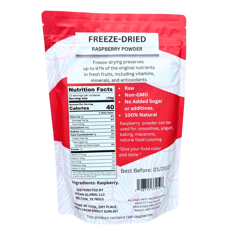 Raspberry Powder 8 Oz, Freeze Dried, Vivolius, No Sugar added,