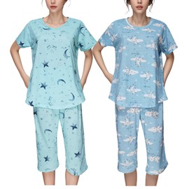 SUTPSL 2 Pack Womens Pajamas Set Cotton Short Sleeve Sleepwear Tops with Capri Pants Fun Prints Pjs(Blum+GrnS,XXXL)