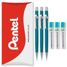 Pentel P200 Series Automatic Mechanical Pencils - HB Lead - 3 x Pencils + 3 Tubes of Refill Leads - In Pillow Packaging (P207 (0.7mm))