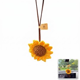 3.4 Inch Sunflower Car Accessories - Crochet Rear View Mirror Charm, Car Hanging Ornament - Yellow Plush