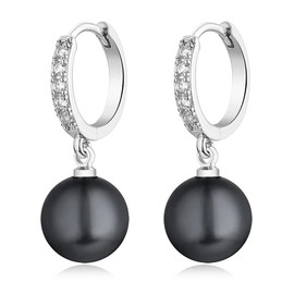 Silver Pearl Hoop Earrings - Pearl Drop Earrings for Women, Sterling Silver Pearl Wedding Earrings Cubic Zirconia 10 mm Black Pearl Dangle Hoop Earrings for Bridal Jewellery Bridesmaid Gift for Her