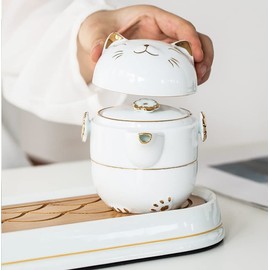RORA Juego de té de viaje con bolsa portátil, juego de tetera de cerámica hecha a mano Kung Fu, tetera todo en uno, 1 olla 2 tazas, adecuado para viajes, oficina y hogar (blanco)