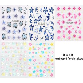 Fspronail 5D Flowers Nail Art Stickers, 5PCS Embossed Pink Blue Flowers Stickers Hibiscus Lily Daisy Cherry Blossom Floral Design Nail Decals Spring Summer Self-Adhesive Pegatinas para Uñas