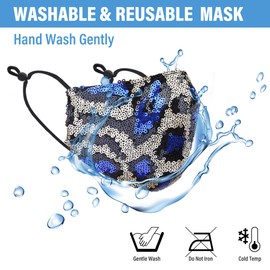 metaltree98 Women's Lady's Animal Print Sequin Glitter Shiny Bling Fashion Face Mask Adjustable Ear Loops Washable Reusable, Breathable Comfort NON- Medical Safety (2 Mask Set - Animal Blue/Blue)