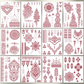 CHARLENT 12 Sheets Henna Tattoos for Women - Waterproof Brown Henna Tattoo Stickers for Women Wedding Party Peacock Lotus Henna Stickers Body Art