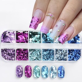12Grids Holographic Burst Flash Mermaid Nail Art Glitter,Rhombus Hexagon Nail Art Flakes Sequins 3D Shiny Purple and Blue Acrylic Nail Supplies Summer Metallic Foil Nail Supplies DIY Nail Decoration