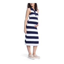 Motherhood Maternity Women's Sleeveless Polo Midi Pregnancy Bodycon Dress, Navy White Stripe