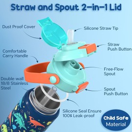 Kids Insulated Water Bottle with Pop-Open Straw & Spout 2-in-1 Lid, 18oz Leak Proof 18/8 Stainless Steel Vacuum Tumbler, BPA-Free Kids Cup For Travel School Boys Girls Toddler, Dinosaur & Monster Car