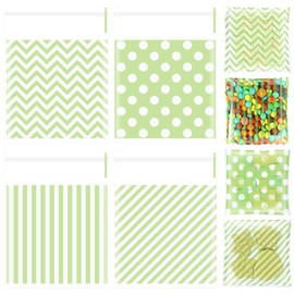 Gersoniel 200 Pcs Green Cellophane Treat Bags 4 x 4 in Self Sealing Cookie Bags Striped Polka Dot Candy Gift Goodie Snack Bag for Birthday Wedding Fall Thanksgiving Christmas Party Supplies