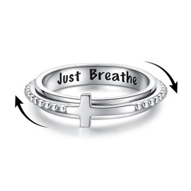 oGoodsunj Fidget Spinner Rings for Anxiety Women Just Breathe Sterling Silver Lotus Cross Worry Ring Stress Relief Calm Jewelry Gifts for ADHD Autism Daughter (Cross, 7)