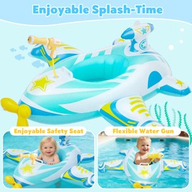 Baby Airplane Pool Float with Squirt Gun & Handle, Inflatable Toddler Swimming Boat for Kids Age 1-4, Summer Water Toy for Boys & Girls, Portable Swim Ring Ride-ons for Beach & Pool