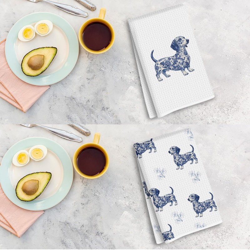 2Pcs Chinoiserie Dachshund Kitchen Towels, Weiner Dog Gifts for Women