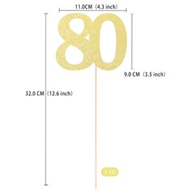 Gexolenu NO 80, 10 Pack Double-Sided Gold Glitter 80th Birthday Centerpieces for Tables, Number 80 Birthday Table Toppers Party Centerpiece Sticks Party Supplies