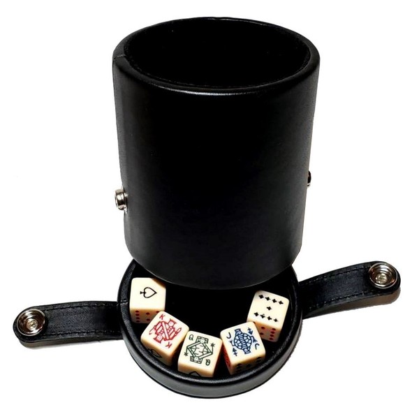 Black Leatherette Deluxe Dice Cup With Storage Compartment for Included Poker Dice Set