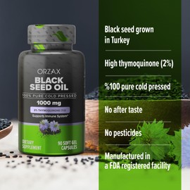 ORZAX Black Seed Oil Cold Pressed 100% Pure | Non-GMO - Rich in Omega 3 6 9 & Thymoquinone | Black Cumin Nigella Sativa Oil for Immune Support, Hair, Skin, Face (1000 mg - 90 Softgel Capsules)